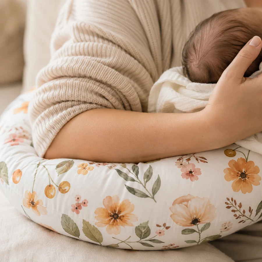 Primo piano su un avambraccio appoggiato sul braccio del cuscino allattamento, la mano sostiene la testa del neonato