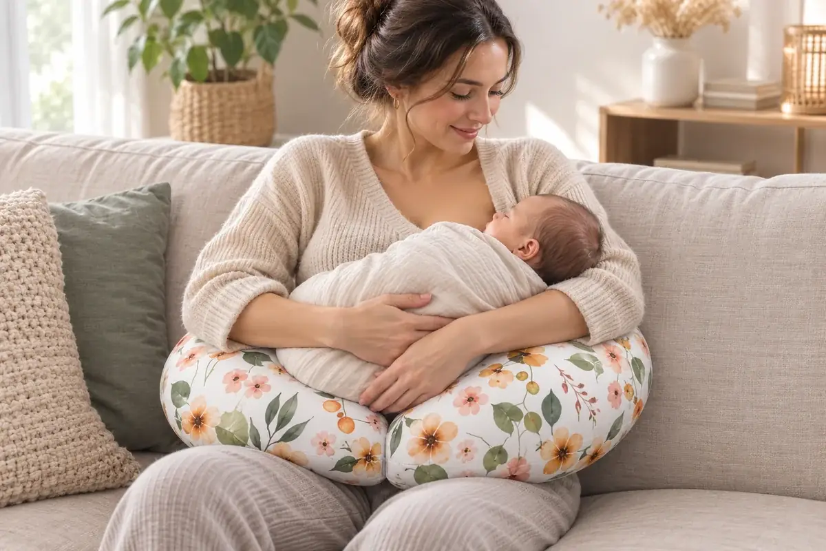 Donna seduta su un divano, cuscino allattamento bianco a fantasia floreale intorno alla vita, neonato avvolto tenuto all’altezza del petto