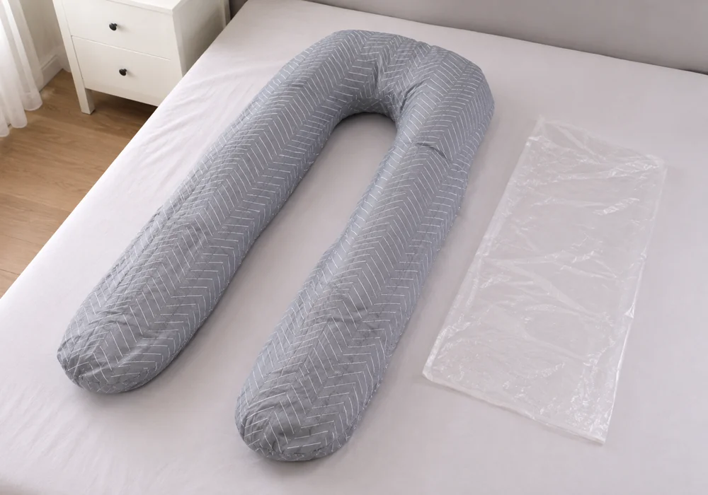 Cuscino gravidanza appena aperto, ancora compresso e irregolare, disteso in piano su un letto con la confezione ripiegata accanto