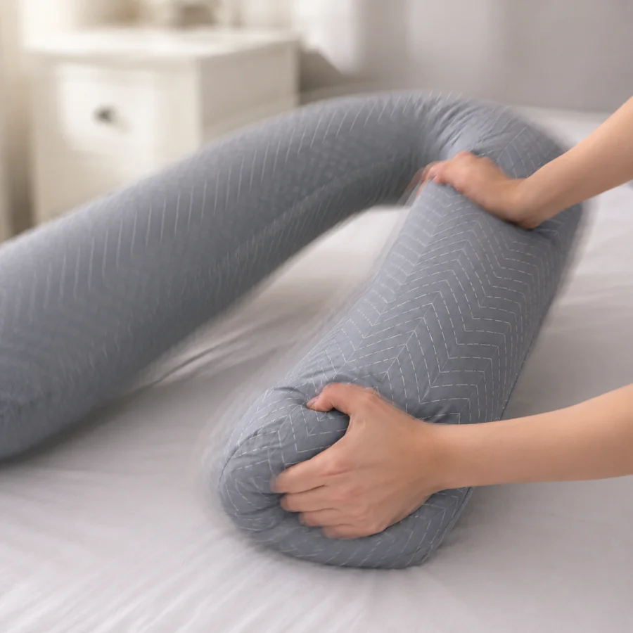 Due mani che stringono e rimodellano il braccio del cuscino a U grigio, appoggiato su un letto