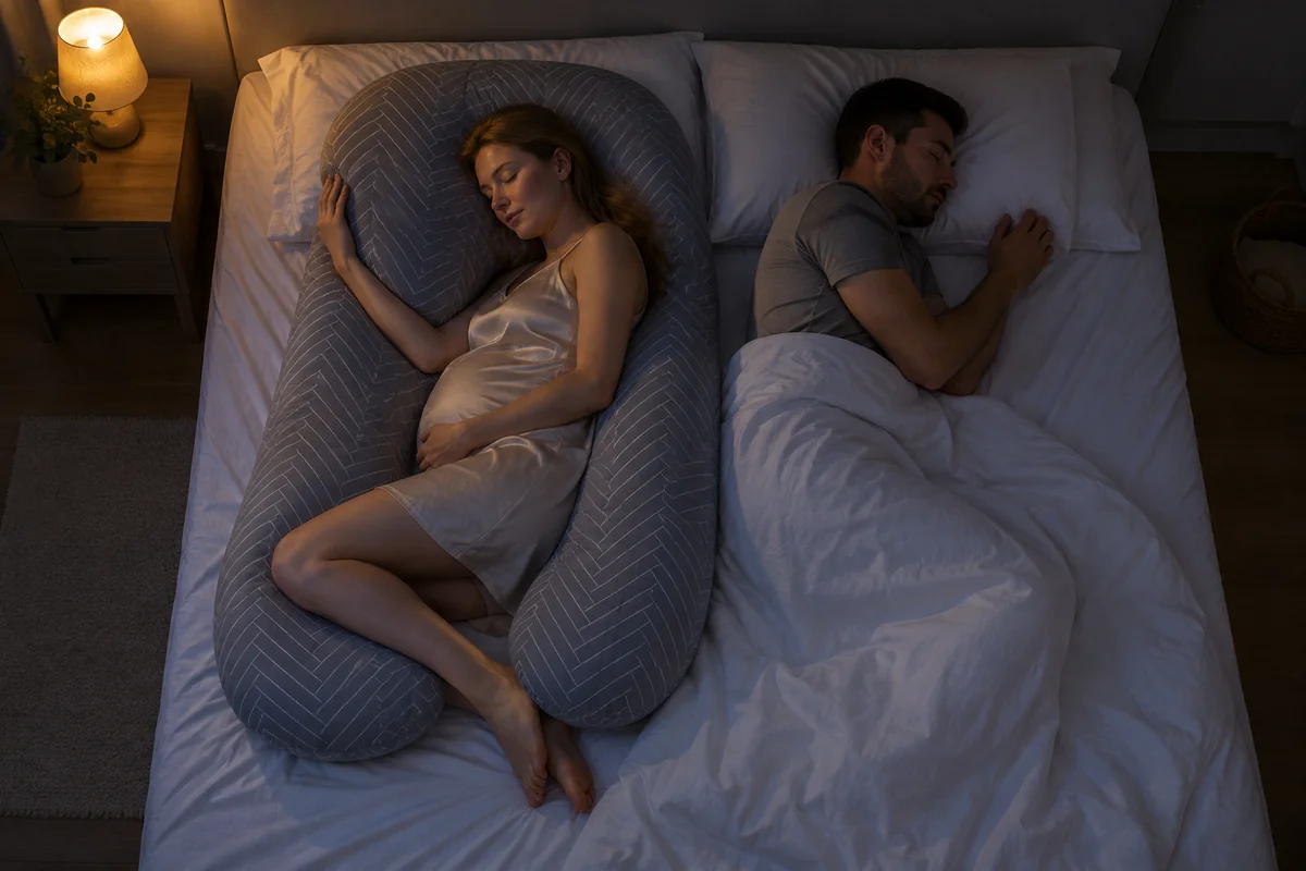 Camera di notte: donna incinta che dorme su un fianco avvolta nel cuscino gravidanza a U Avvolgia grigio, il compagno dorme accanto sotto il piumone