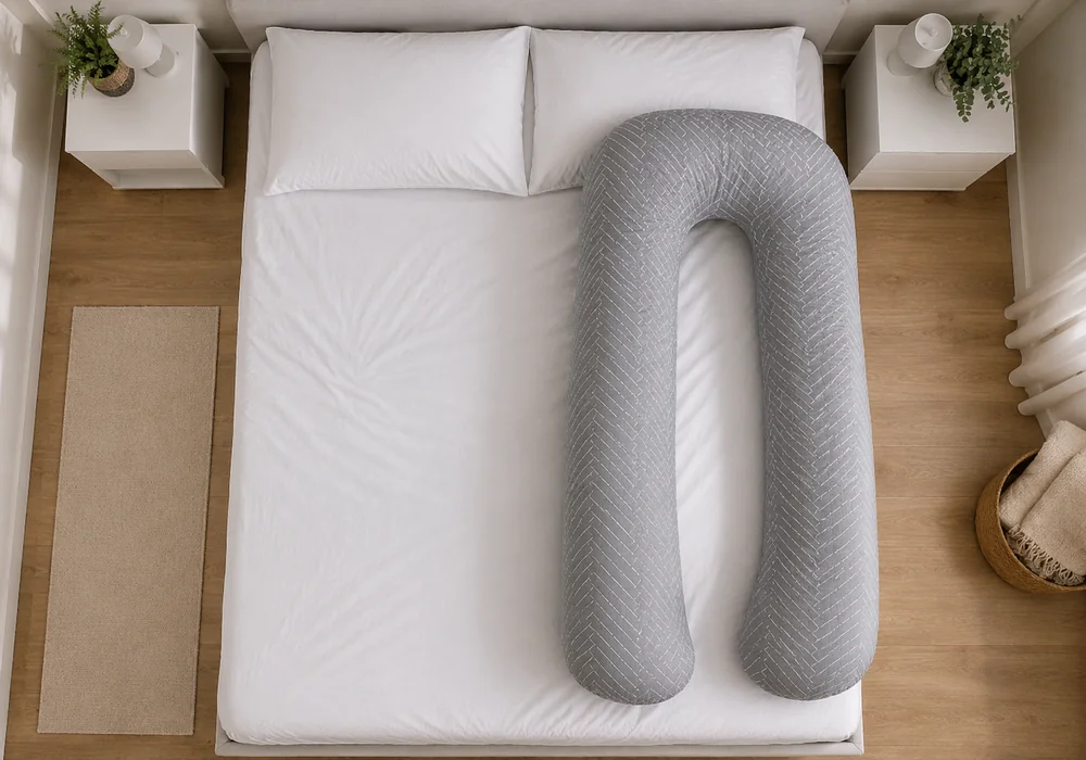 Letto matrimoniale visto dall’alto con il cuscino gravidanza a U Avvolgia grigio spigato appoggiato su metà del materasso, apertura rivolta verso i piedi del letto