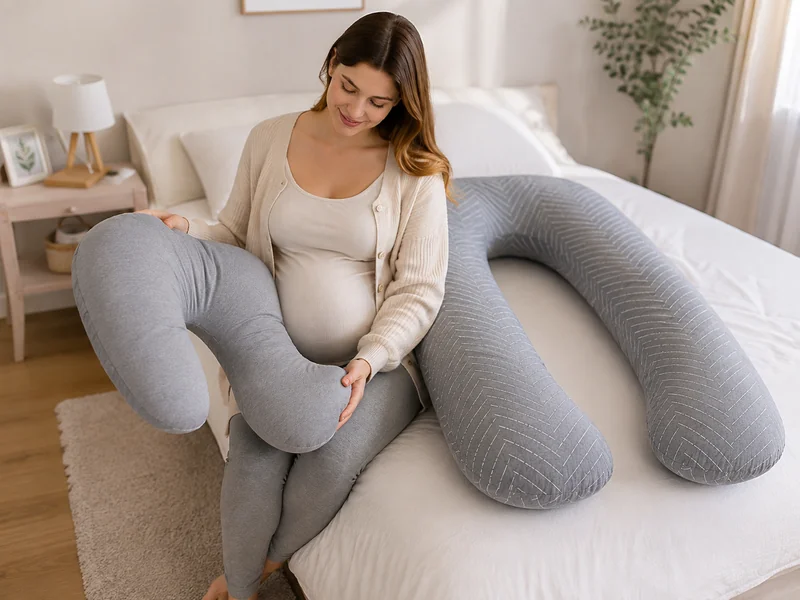 Donna incinta seduta sul bordo di un letto, mentre confronta due cuscini di forme diverse